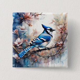 Blue Jay Cherry Blossoms watercolor 15 Cm Square Badge
