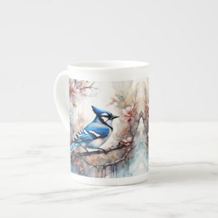 Blue Jay Cherry Blossoms watercolor Bone China Mug