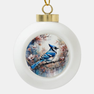 Blue Jay Cherry Blossoms watercolor Ceramic Ball Christmas Ornament