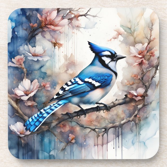 Blue Jay Cherry Blossoms watercolor Coaster (Front)