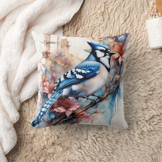 Blue Jay Cherry Blossoms watercolor Cushion (Blanket)