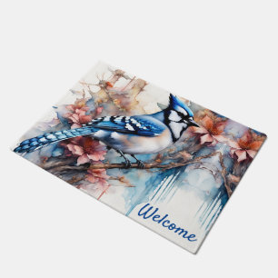 Blue Jay Cherry Blossoms watercolor Doormat