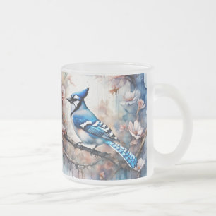 Blue Jay Cherry Blossoms watercolor Frosted Glass Coffee Mug