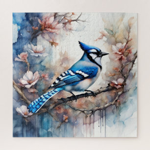 Blue Jay Cherry Blossoms watercolor Jigsaw Puzzle