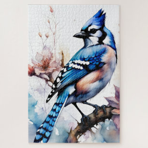 Blue Jay Cherry Blossoms watercolor Jigsaw Puzzle
