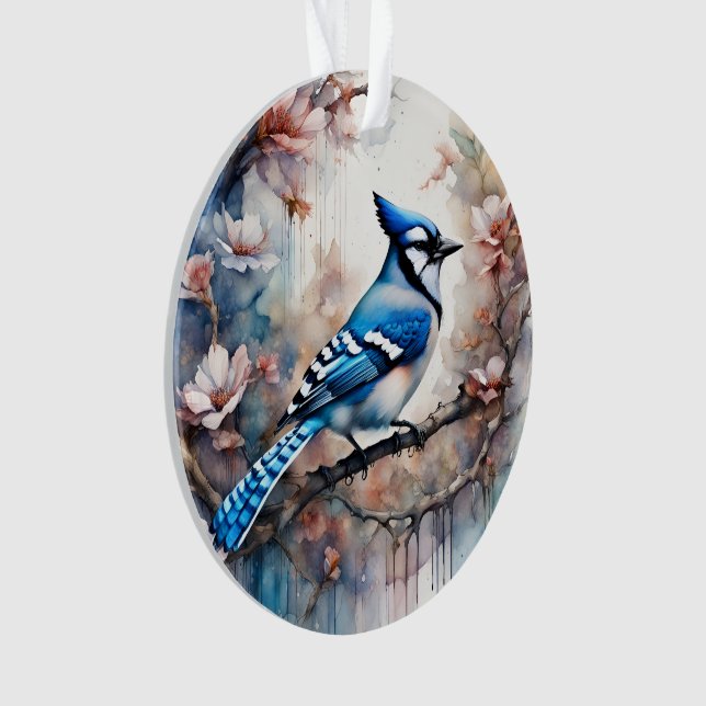Blue Jay Cherry Blossoms watercolor Ornament (Front)