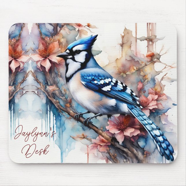 Blue Jay Cherry Blossoms watercolor *Personalise* Mouse Mat (Front)
