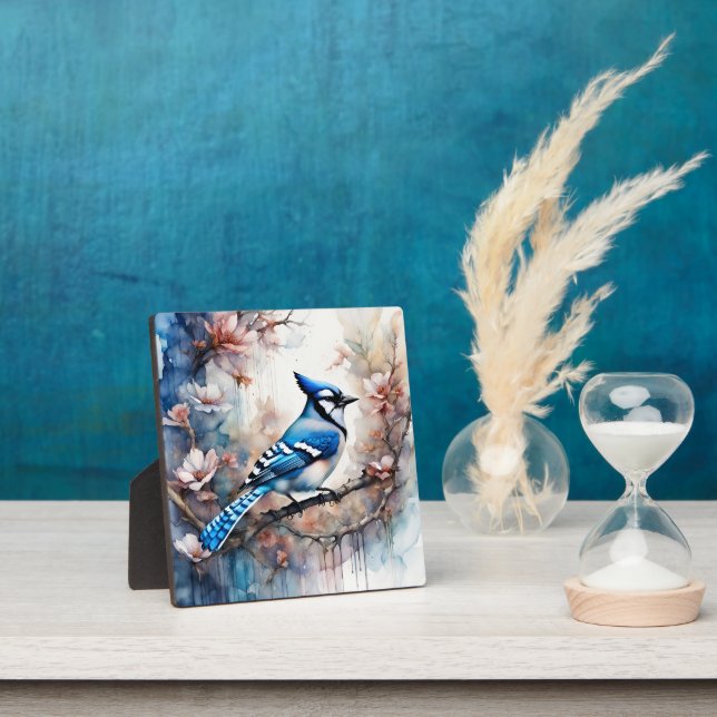 Blue Jay Cherry Blossoms watercolor Plaque (Insitu)