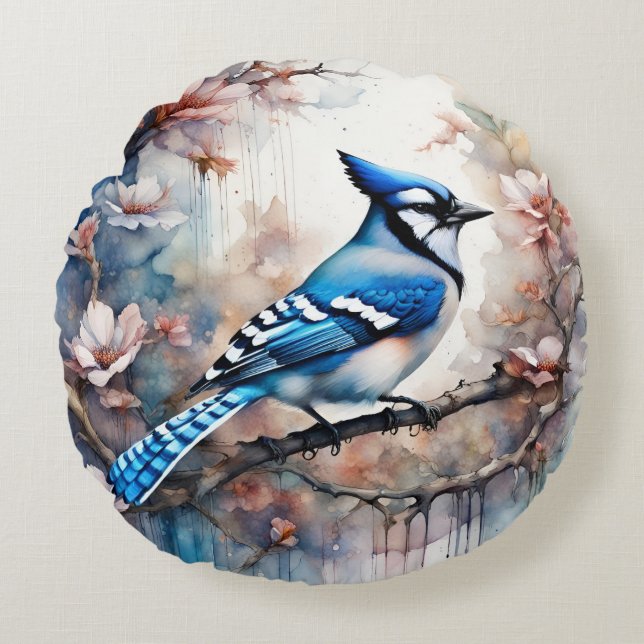 Blue Jay Cherry Blossoms watercolor Round Cushion (Front)