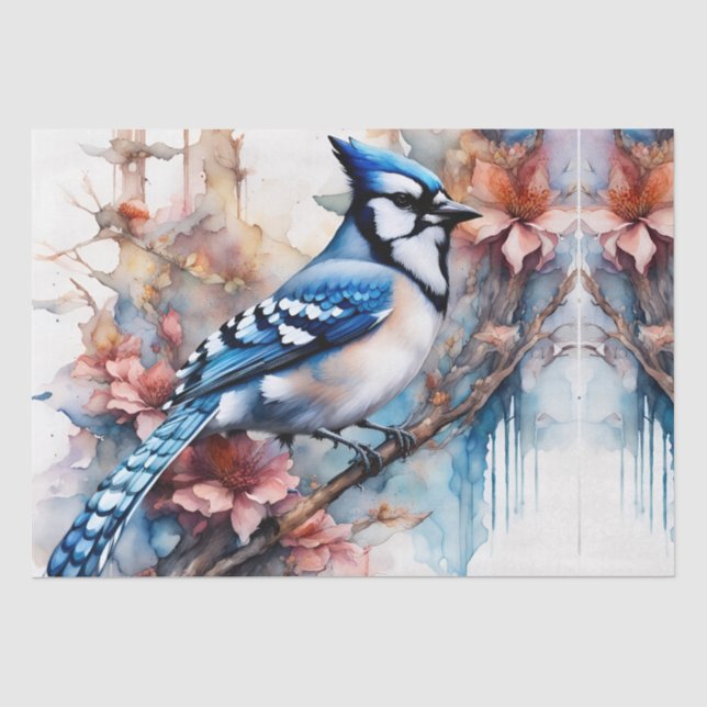 Blue Jay Cherry Blossoms watercolor Tissue Paper (Front)
