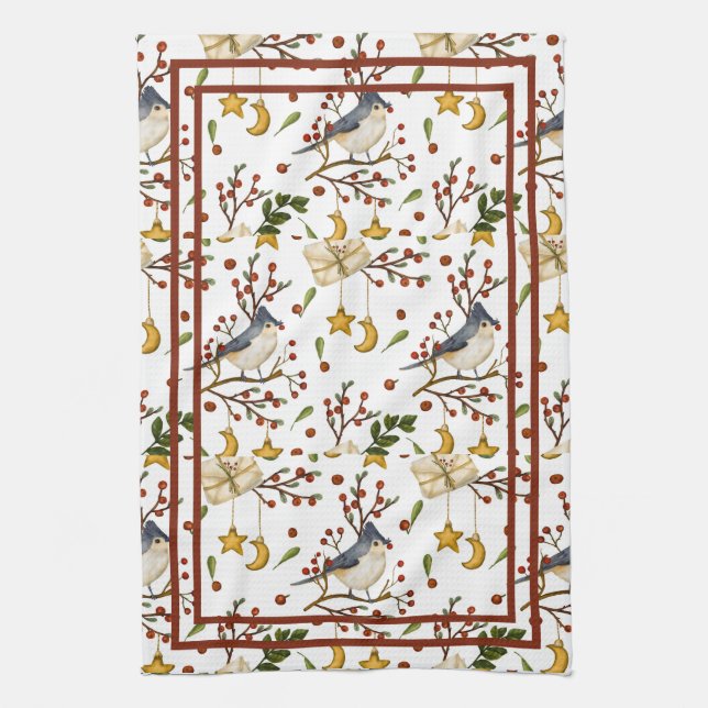 Blue Jay, Cookies, Red Berries,  Presents, Winter Tea Towel (Vertical)