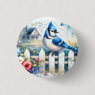 Blue Jay Cottage Garden Fence Scene 3 Cm Round Badge