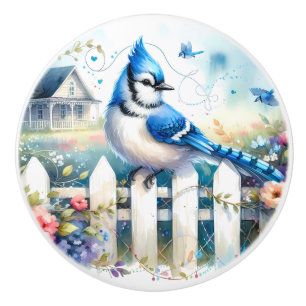 Blue Jay Cottage Garden Fence Scene Ceramic Knob