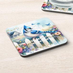 Blue Jay Cottage Garden Fence Scene Coaster