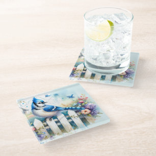 Blue Jay Cottage Garden Fence Scene Glass Coaster