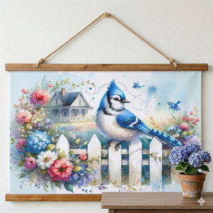 Blue Jay Cottage Garden Fence Scene Hanging Tapestry