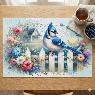 Blue Jay Cottage Garden Fence Scene Jigsaw Puzzle