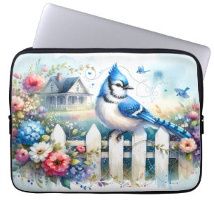 Blue Jay Cottage Garden Fence Scene Laptop Sleeve