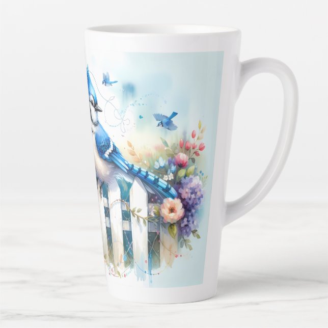 Blue Jay Cottage Garden Fence Scene Latte Mug (Right)
