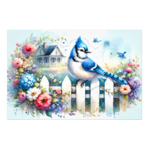 Blue Jay Cottage Garden Fence Scene Photo Print