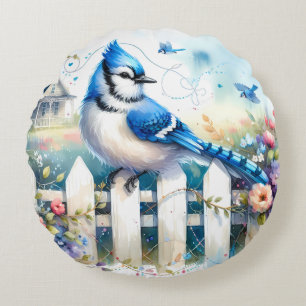 Blue Jay Cottage Garden Fence Scene Round Cushion