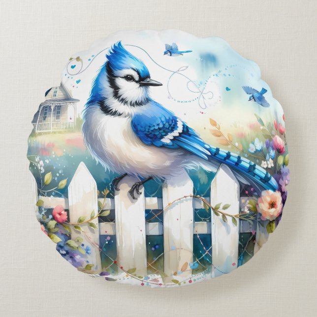 Blue Jay Cottage Garden Fence Scene Round Cushion (Front)