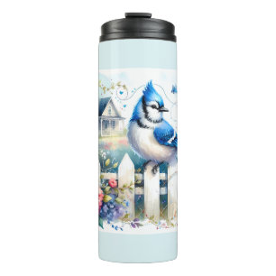 Blue Jay Cottage Garden Fence Scene Thermal Tumbler