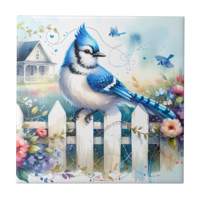 Blue Jay Cottage Garden Fence Scene Tile (Front)