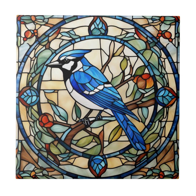 Blue Jay Faux Stained Glass Bluejay Bird Tile (Front)