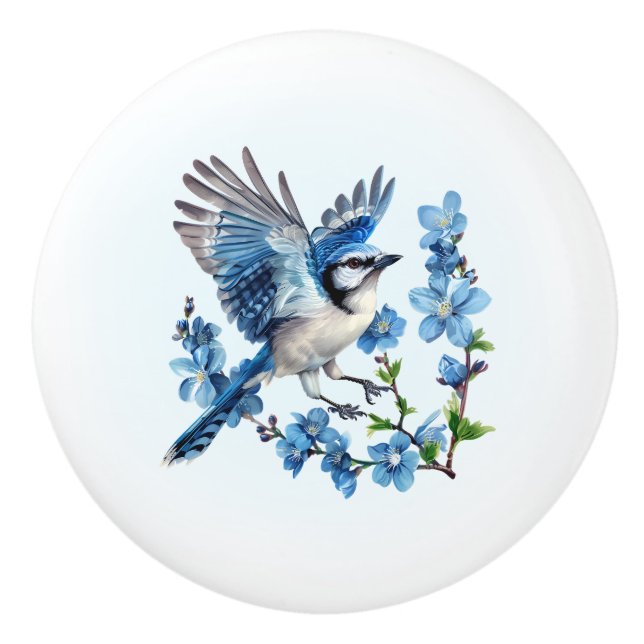 Blue Jay Floral Ceramic Knob (Front)