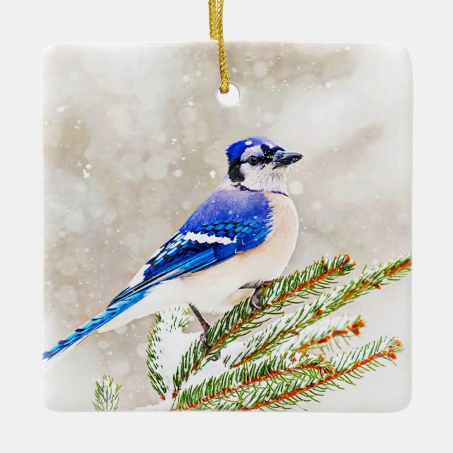 Blue jay in a pine tree with snow ceramic tree decoration (Front)