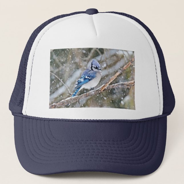 Blue Jay in a Snowstorm Trucker Hat (Front)
