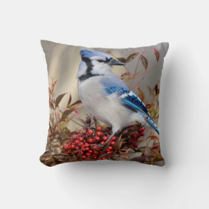Blue Jay in Nandina Heavenly Bamboo Cushion
