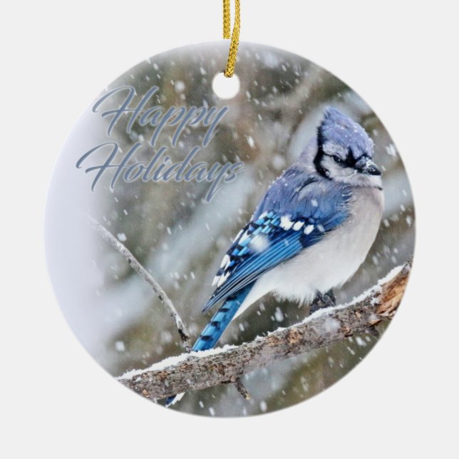 Blue Jay in Snow Christmas Holiday Ceramic Tree Decoration (Front)