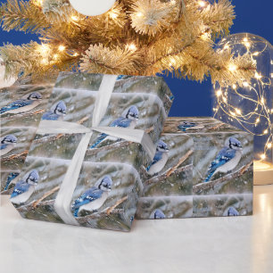 Blue Jay in Snow Christmas Holiday Wrapping Paper