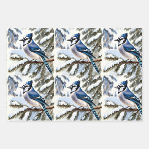 Blue Jay in Snowy Pines Wrapping Paper Flat Sheets
