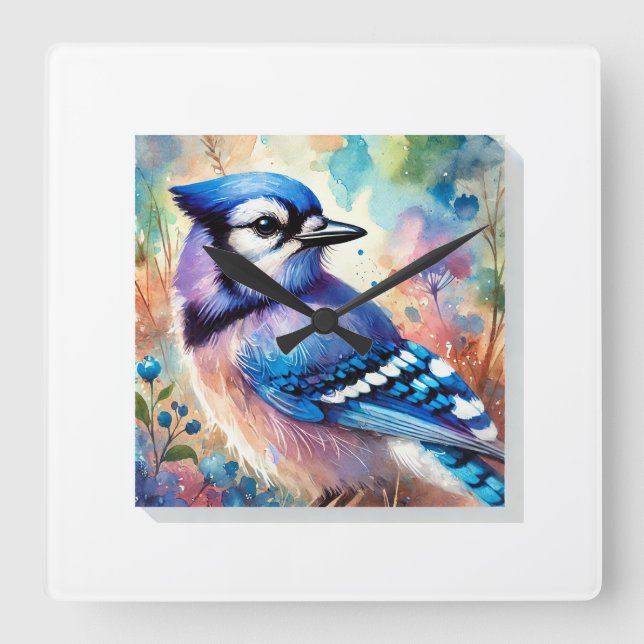 Blue Jay in Tranquil Waters 200624AREF106 - Waterc Square Wall Clock (Front)