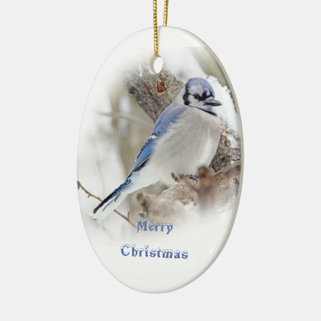 Blue Jay in Winter Snow Ceramic Tree Decoration (Left)