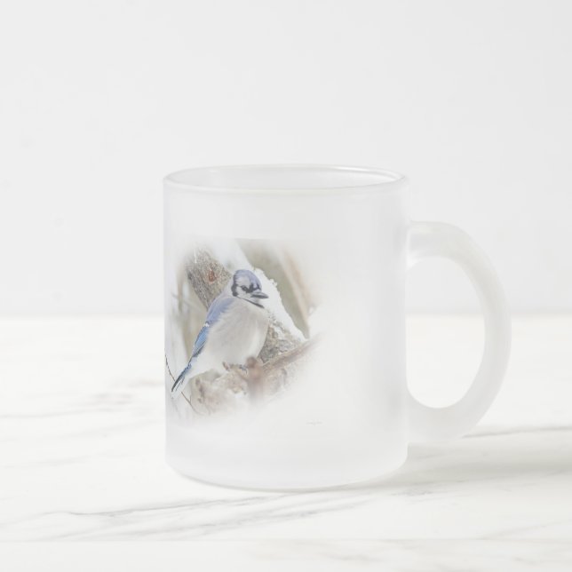 Blue Jay in Winter Snow Frosted Glass Coffee Mug (Right)