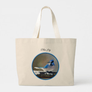 Blue Jay in Winter Snow Painting Original Bird Art Large Tote Bag