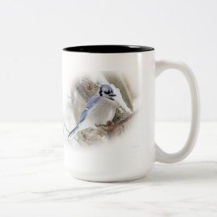 Blue Jay in Winter Snow Two-Tone Coffee Mug