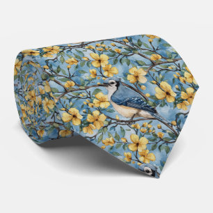 Blue Jay In Yellow Blossoms Tie