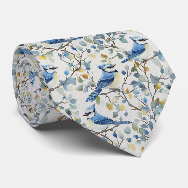 Blue Jay In Yellow Blossoms Tie (Rolled)