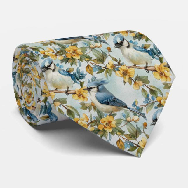 Blue Jay In Yellow Blossoms Tie (Rolled)