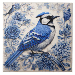 Blue Jay Inspired Bird with Blue Blossoms Tile