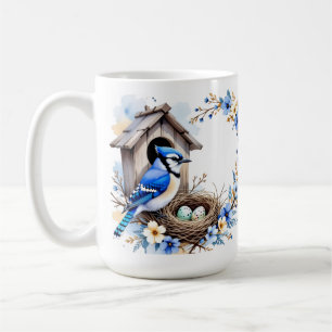 Blue Jay Mug on Nesting Box – Floral Illustration 