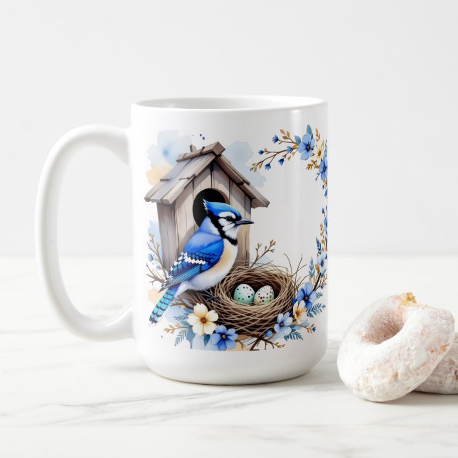 Blue Jay on Birdhouse – Floral Pastel Illustration Coffee Mug (With Donut)