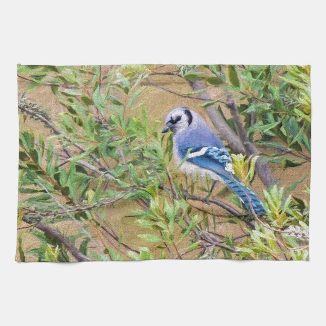 Blue Jay on Wax Myrtle Tea Towel (Horizontal)
