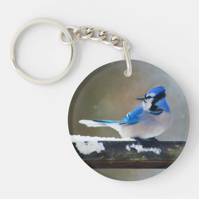Blue Jay Painting - Original Bird Art Key Ring (Front)