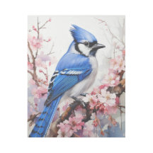 Blue Jay Perched on a Branch with Cherry Blossoms